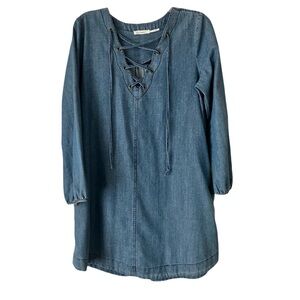 blu pepper Denim Dress, Sz. M, Blue, Lace-Up Low V Neckline, Loose Fit, Pockets